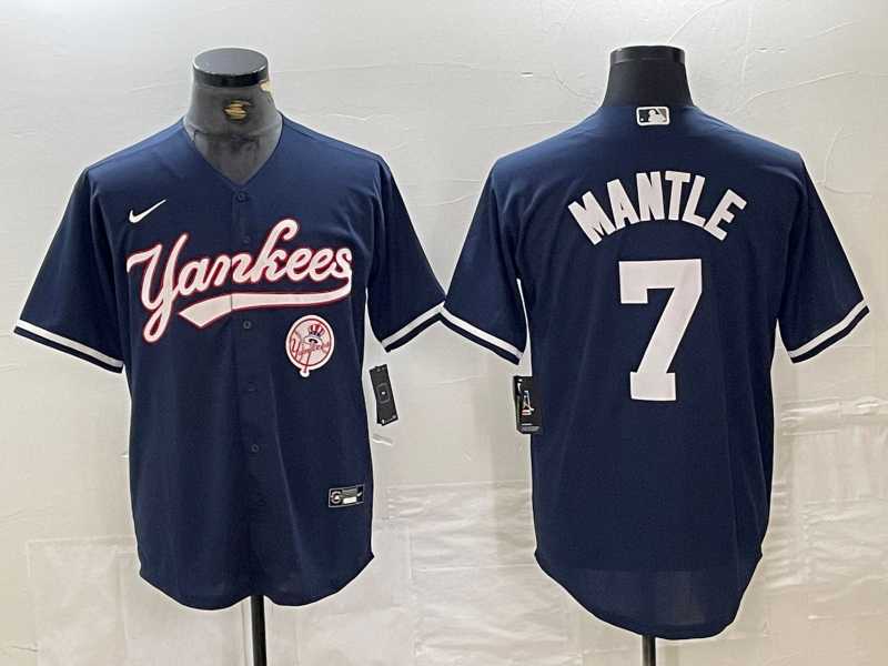 Men%27s New York Yankees #7 Mickey Mantle Navy With Patch Cool Base Stitched Baseball Jersey